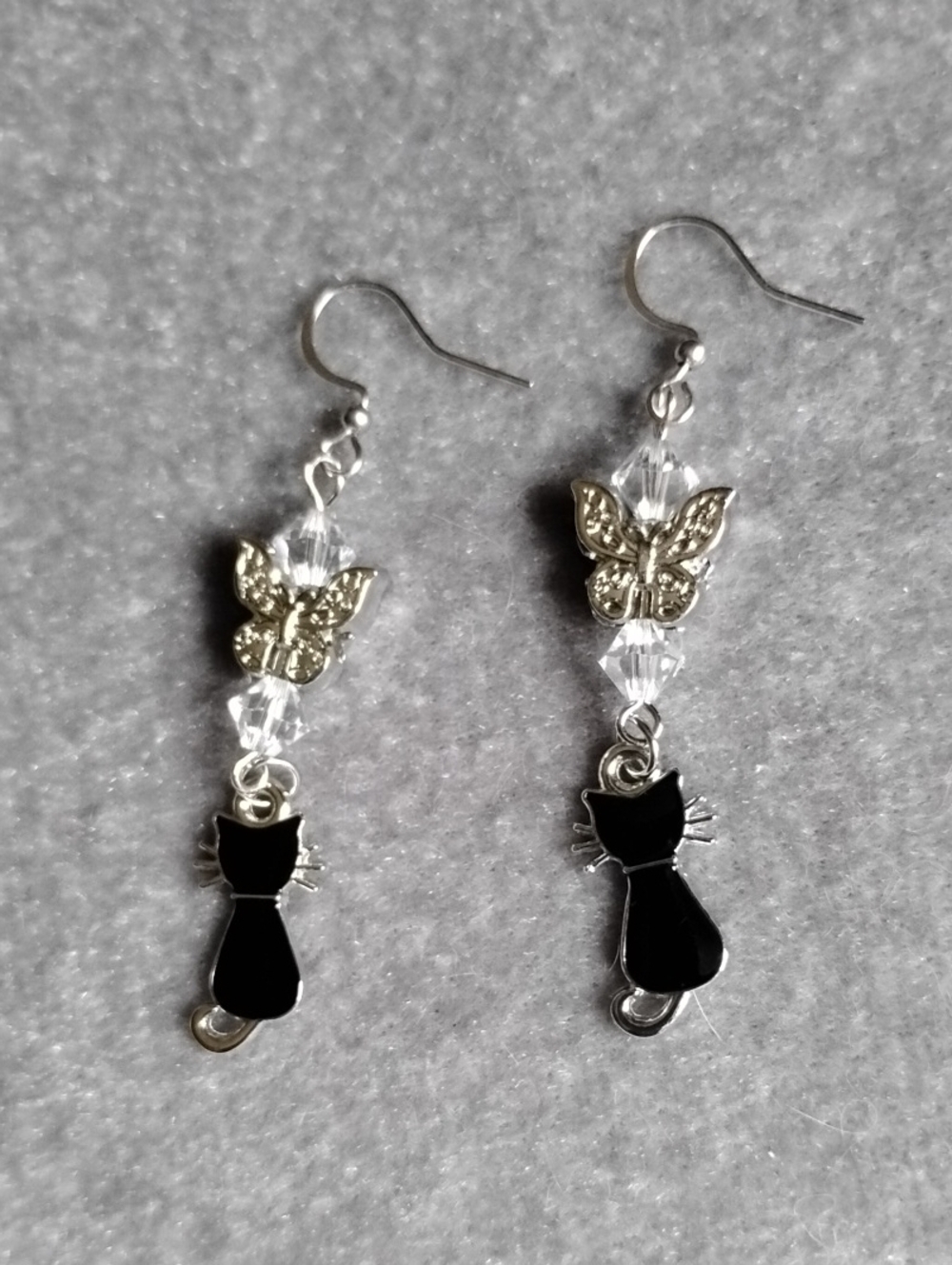 Hand Crafted Black Cat & Silver Butterfly Dangle Earrings -